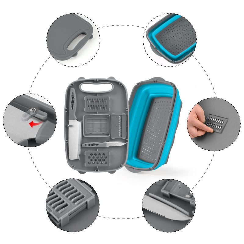 Gintan Camping Cutting Board  9-in-1 Collapsible Chopping Board with Colander  Gifts for Campers Happy Camper Camping Accessories for RV Campers(Blue+Grey) - Image 5